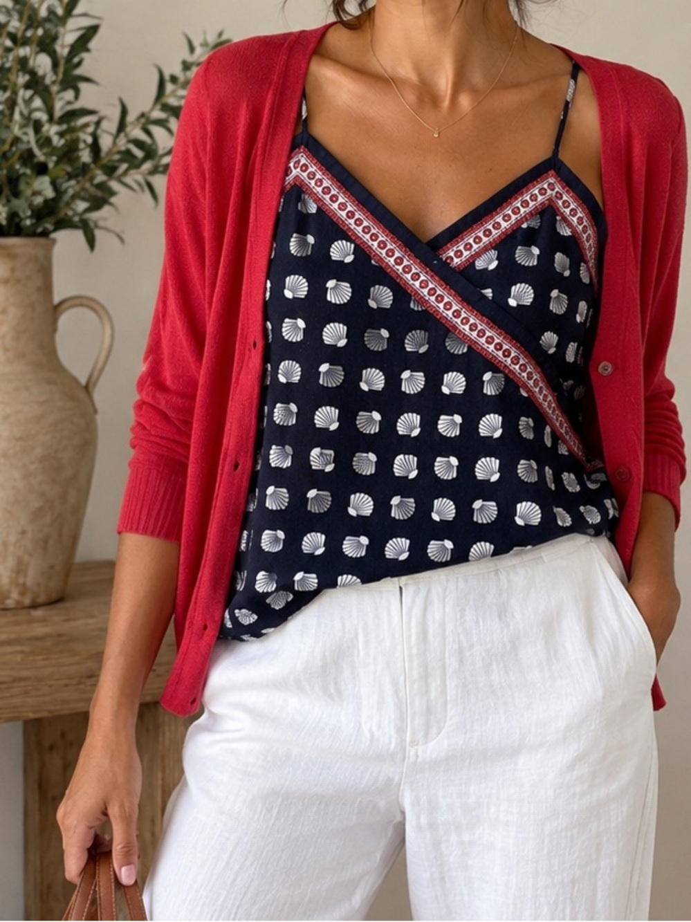Ann Taylor Linen Blend Black Shell-Print Top with Red Contrast Trim